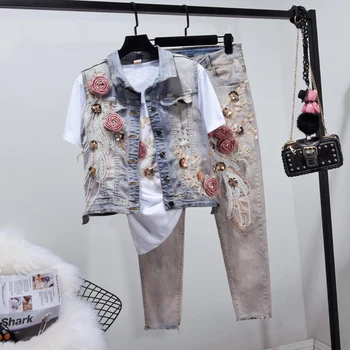 2019 Primavara-Vara Blugi Noi Set pentru Femei Două Seturi de Piese cu Paiete Brodate Denim Vesta + Slim Jeans Plus Dimensiune pantaloni Scurți Costum