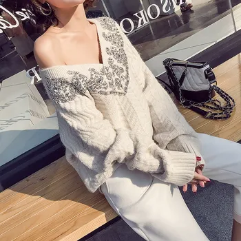 2019 Industria Grea Parte Șirag de mărgele Cui V-gât pulover Pulover Femei Vrac Leneș Casual Tricotat poftă de mâncare Bottom Pulovere de Moda