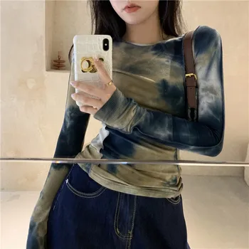 Yedinas Sexy Harajuku Slim Tricou Femei Tie Dye Print Topuri Cu Maneci Lungi Stil Coreean Tricouri Vintage Streetwear Slab Tee Top