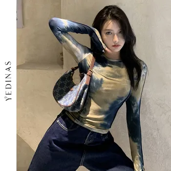 Yedinas Sexy Harajuku Slim Tricou Femei Tie Dye Print Topuri Cu Maneci Lungi Stil Coreean Tricouri Vintage Streetwear Slab Tee Top