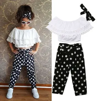 Marea BRITANIE Copii Baby Girl Sifon Zburli Topuri Off-umăr tricou+Polka Dot Pantaloni Pantaloni Costum 3Pcs