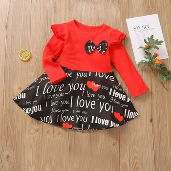 40 Baby Girl Dress pentru Copii cu mânecă Lungă Ziua Îndrăgostiților Groapă Banda Volan Cusut Scrisoare de Dragoste de Imprimare Arc Rochie de Printesa