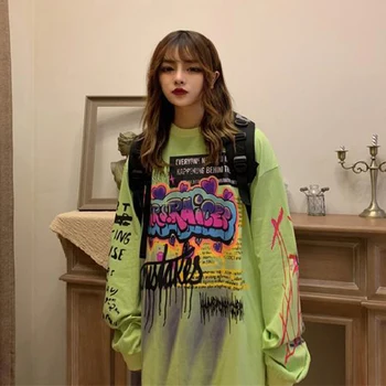 Noi Maneca Lunga Tricou Femei Primavara Graffiti Scrisoare De Imprimare Teuri Pulover Coreea De Modă De Cauzalitate Pierde Tricoul Bomboane De Culoare