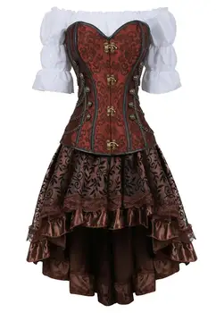 Corset fusta 3 bucată rochie de piele sutien corset steampunk pirat lenjerie corsetto neregulate burlesc plus dimensiune negru maro