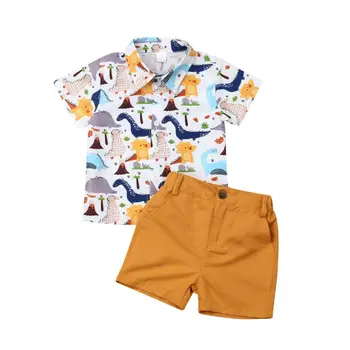2 buc Copii Baieti Dinozaur Vara Rever Butonul Bluze T-shirt, pantaloni Scurți, Pantaloni Copilul Costume de Haine 1-6Y