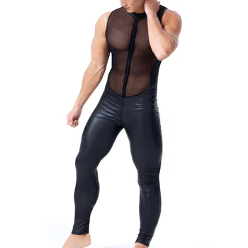 Erotice Gay Costume Fermoar Fabrică de Plasă din Piele PU Vedea Prin Latex Salopete Wetlook Homosexual Fetish Lenjerie Catsuit-O singură Bucată