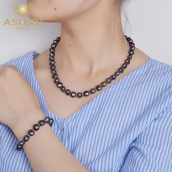 ASHIQI Baroc perle Naturale de Bijuterii Seturi de Real Gary Negru de apă Dulce pearl Brățară Colier pentru femei New Sosire