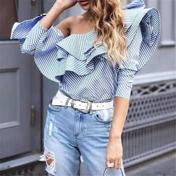 Moda pentru Femei Bluza casual de vara cu Dungi cu Maneca Lunga de pe umăr backless volane cămașă bluză topuri