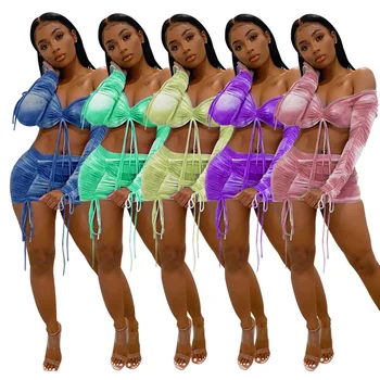 Cordon Tie Dye Print Fuste 2 Bucata Set Sexy Femei V-Neck Crop Top cu Fuste Mini Bodycon Lounge purta Două Piese Set Tinuta
