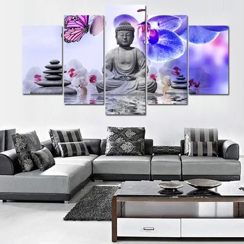 Decor Acasă Hd Imprimare Poza 5 Buc/Buc Meditație Buddha De Piatră Orhidee Zen Flori Panza Pictura Lipi De Perete Pentru Camera De Zi