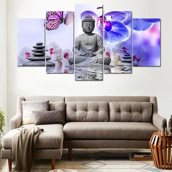 Decor Acasă Hd Imprimare Poza 5 Buc/Buc Meditație Buddha De Piatră Orhidee Zen Flori Panza Pictura Lipi De Perete Pentru Camera De Zi