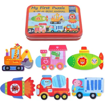 Jucarii pentru copii 6 in 1 cutie de fier animale de desene animate puzzle din Lemn pentru copii Montessori devreme educative jucarii si cadouri pentru copii CX899067