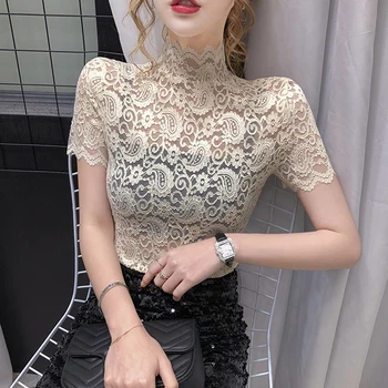 Shintimes 2020 Moda de Vara, Gol pe Jumătate Guler de Dantelă Bluze Femei Sexy Slim Subțire Tricouri Femme Stil coreean Topuri Mujer