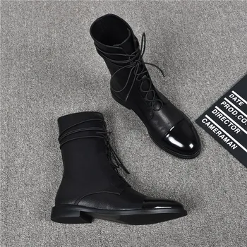 Toamna Iarna Designer New Dantelă-Up De Femei La Jumătatea Vițel Cizme De Moda Britanic Rotund Toe Cruce Neagră Legat De Sex Feminin Plat Boot Streetwear