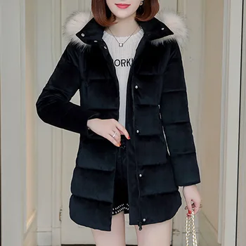 Aur Catifea De Bumbac Căptușit Parka Femei Mijloc Și Stil Lung Jos Jacheta În 2020 Coreene Noi Subțire Cu Glugă De Blană De Vulpe Jos Haina De Iarna