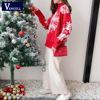 Vangull Roșu Pulovere De Craciun Fulg De Nea Crăciun Model Jumătate-Guler Tricotate Pulover Femei, Cu Maneci Lungi De Iarnă Caldă Jumper
