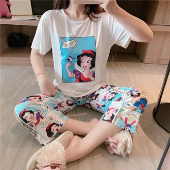 Mickey doamna cămăși de noapte de Primavara-vara pantaloni albi de zăpadă de imprimare pijamale femei maneci scurte largi lapte pijamale de mătase
