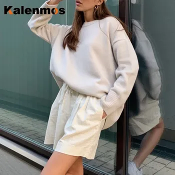 Pulover tricot Femei din Bumbac Toamna Iarna KALENMOS O Gât Lung Slevee Pulovere Topuri Largi Streetwear Harajuku coreean Pulovere