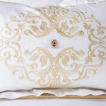 De lux de Aur broderie lenjerie de pat de culoare alba de mireasa din satin set de lenjerie de pat queen king 4/7pcs carpetă acopere super-king-set cuvertura de pat