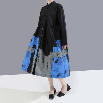 Stil Japonez Tie Dye Femeie De Moda De Toamna Cu Maneci Lungi Negru Imprimare Tricou Vintage Rochie De Buzunar Fete Casual Rochie Midi Halat 6508