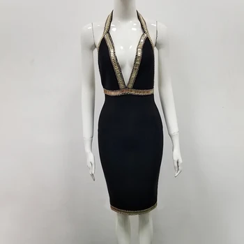 En-gros 2019 nou bandaj rochie de gât ștreangul negru de Înaltă calitate ștrasuri din mărgele de lux, sexy partid rochie bandaj