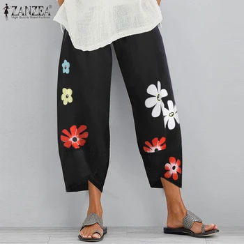 ZANZEA 2021 Florale Imprimate Pantaloni Harem pentru Femei de Vară Lenjerie de pat din Bumbac Pantaloni Talie Elastic Pantalon Liber Casual Palazzo Nap
