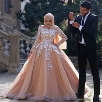 Șampanie Musulman rochii de Mireasa 2021 Dantelă Albă Aplicatiile Maneca Lunga Prințesă în aer liber, Grădină Biserica Hijab Rochii de Mireasa