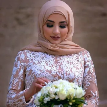 Șampanie Musulman rochii de Mireasa 2021 Dantelă Albă Aplicatiile Maneca Lunga Prințesă în aer liber, Grădină Biserica Hijab Rochii de Mireasa