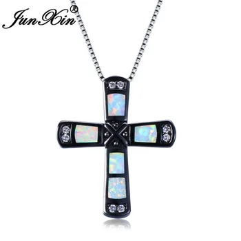 JUNXIN Brand Clasic Cruce Coliere & Pandantive Aur Negru Plin de Bijuterii de Moda Alb/Albastru Opal Accesorii Pentru Femei