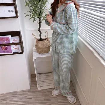 Acasă costum pentru femei Stil coreean Toamna Liber Pieptul Rever Maneca Lunga Carouri Cardigan + Elastic Pantaloni de Pijama Set