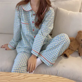 Acasă costum pentru femei Stil coreean Toamna Liber Pieptul Rever Maneca Lunga Carouri Cardigan + Elastic Pantaloni de Pijama Set