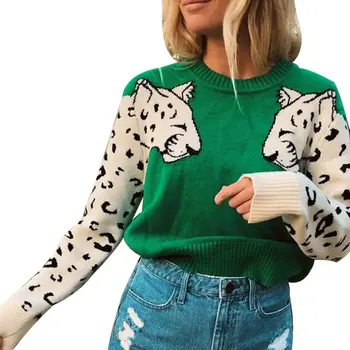Model Leopard Femei Tricotate Pulover Guler Rotund Casual De Toamna Haine Cu Maneca Lunga Pulover De Tricouri Mujer Moda 2020