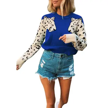 Model Leopard Femei Tricotate Pulover Guler Rotund Casual De Toamna Haine Cu Maneca Lunga Pulover De Tricouri Mujer Moda 2020