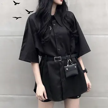 Vara Chic Gotic Doamne De Birou Femei De Culoare Tricouri Haine 2019 Topuri De Dimensiuni Mari Vrac Rever Butonul De Moda Harajuku Goth Bluze
