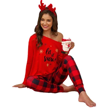 Femei Somn de Top de Crăciun Pantaloni Costum cu Guler Rotund Litere Carouri Imprimare Vrac Elastic Haine de Acasă