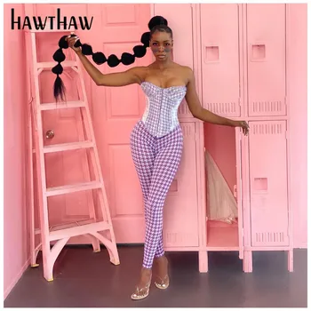 Hawthaw Femei Toamna Iarna Roz Imprimate Fara Bretele, Topuri, Slim Pantaloni Lungi Două Seturi De Piese 2020 Haine De Toamna Streetwear
