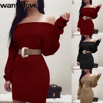 2019 Noi 3 Culori rochie mini Wantmove sexy slash-neck maneca lunga solid casual pentru femei rochie mini WM1024