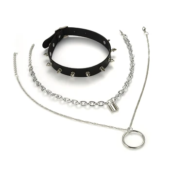 Stratificat cu lacat lant colier femei/bărbați punk rock goth spike cravată guler de blocare pandantiv colier negru emo accesorii bijuterii