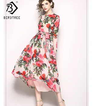 2019 Noi Femei Rose Frunze de Imprimare Șifon Rochie Eleganta cu Talie Înaltă Eșarfe Arc O de Gât Birou Doamnă în Rochie Lungă de Vânzări la Cald D8D710I