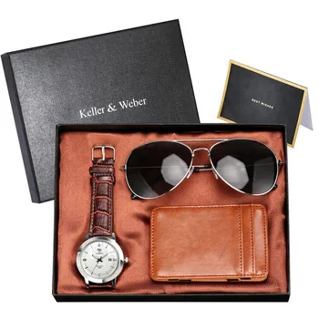 Keller & Weber Bărbați Ceas Set de Cuarț Ceas de mână din Piele Carte de Magie Pachet ochelari de Soare pentru Bărbați Seturi Cadou de Ziua de nastere