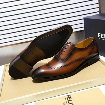 2019 Stil Retro Din Piele Barbati Pantofi Pentru Bărbați Respirabil Dantela Sus Subliniat Toe Formale Pantofi Rochie Petrecere De Birou De Înaltă Calitate