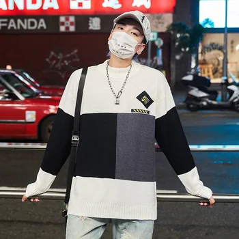 SingleRoad Supradimensionate Mens Pulover Tricotat Barbati 2020 Iarna Mozaic Harajuku Hip Hop Pulovere Coreean Pulover Pulover Negru Bărbați