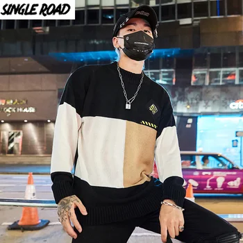 SingleRoad Supradimensionate Mens Pulover Tricotat Barbati 2020 Iarna Mozaic Harajuku Hip Hop Pulovere Coreean Pulover Pulover Negru Bărbați