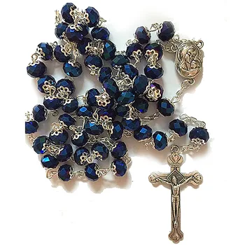 Albastru de Cristal Margele Colier Rozariu Catolic Virgin Pământul Sfânt Sfânt Copil Religioase Cruce Coliere Bărbați și Femei, Cadou de Crăciun