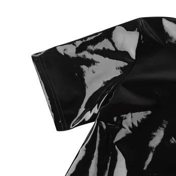 IEFiEL Unisex Moda Costume Metalice Noutate Hipster PVC Piele Stand Guler Mâneci Scurte Fermoar Până tricou Topuri