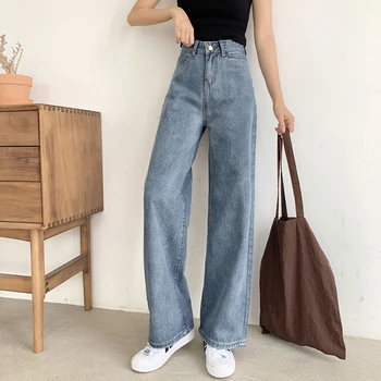 Blugi Talie mare pentru Femei Streetwear-picior Larg Drept Jean de sex Feminin Buzunare Casual Full Lungime Pantaloni Denim Albastru
