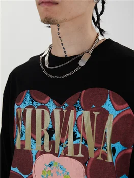 LINDSEY SEADER Bărbați Hip Hop Tricou Inimile Nivana Harajuku Streetwear Tricou Maneca Lunga Bumbac T-Shirt-uri de Moda de Top Oversize Tee