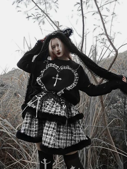Original Japonia in stil Gotic Întuneric Negru pentru Femei Tort Fusta de Iarna Păros Patch-uri Alb-Negru carouri Imperiul Dantela-up Talie Rochie de minge Fusta