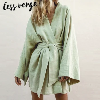 Lessverge Casual verde toamna iarna rochie scurta Eleganta eșarfe vrac rochie femei Batwing bumbac birou doamnă plaja rochie kimono