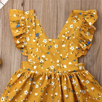 Copilul galben fete florale rochie de vară fără mâneci pătrat guler plisată moda rochii fara spate floare de imprimare sundress copil